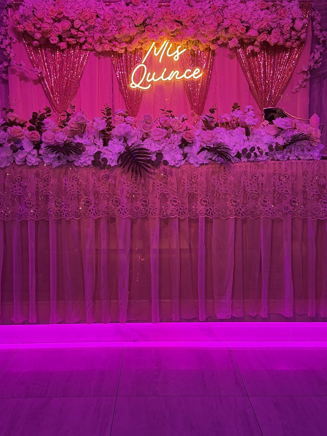 The Mis Quince backdrop in pink light